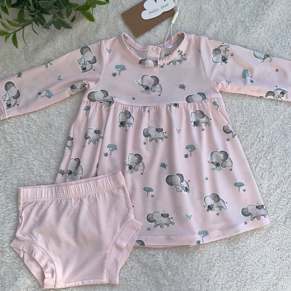 NWT Angel Dear Pink Dress and Bloomers GRAY ELEPHANTS 3-6M Bamboo